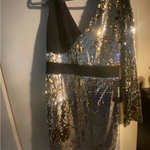 Bebe Black and Silver Sequin One-Shoulder Dress